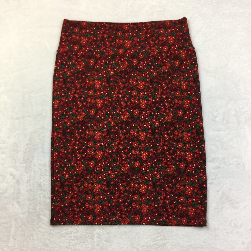 Lularoe Cassie Pencil Skirt Size L Womans Red Floral Pull-On Stretch Knit